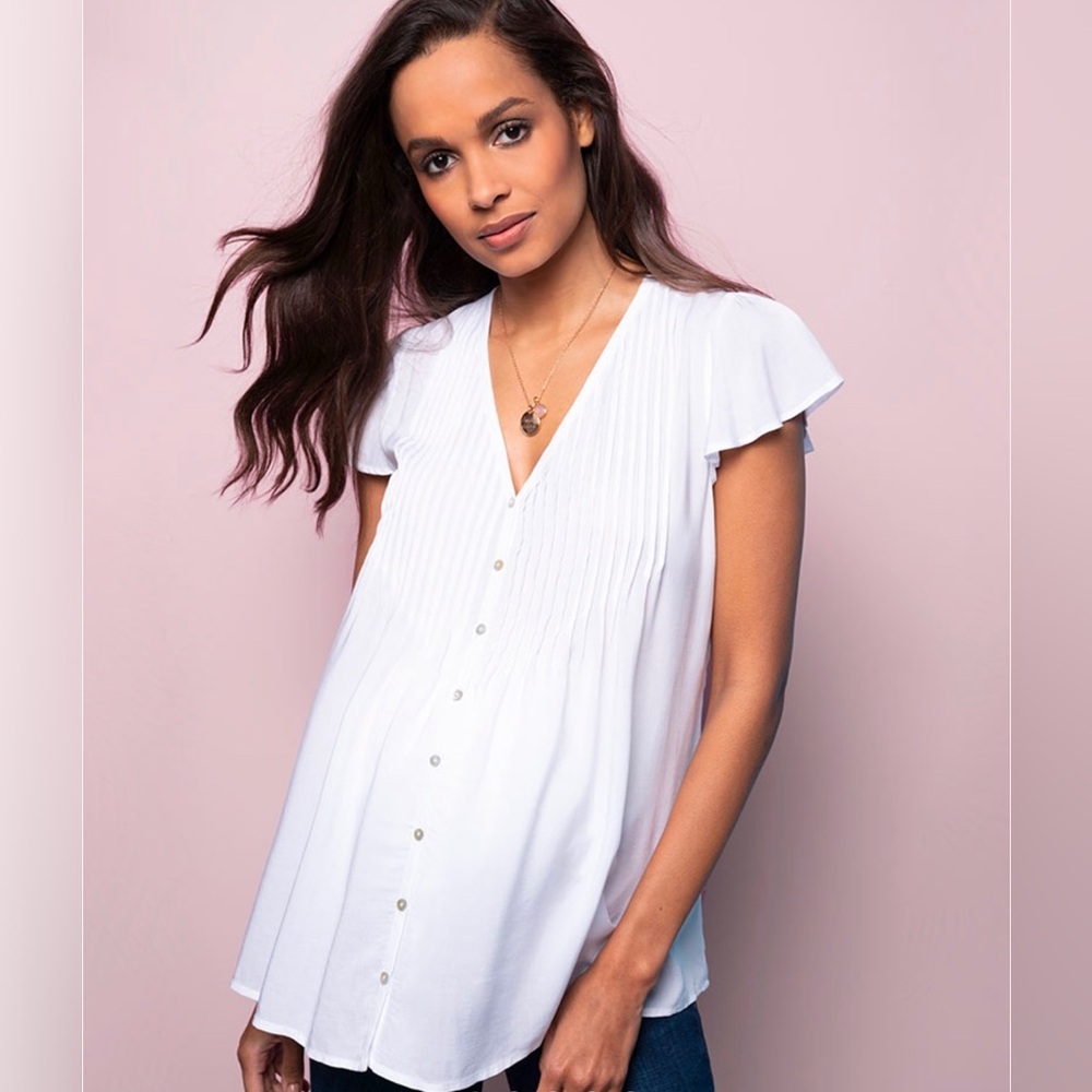 Seraphine white flutter sleeve maternity blouse